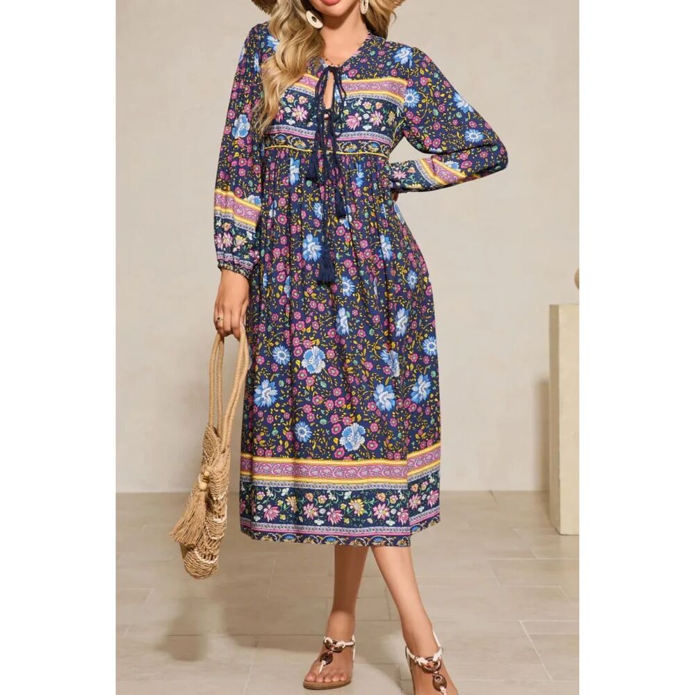 R Vivimos Blue Boho Maxi Peasant Prairie Dress Size M Tassels Bohemian Retro